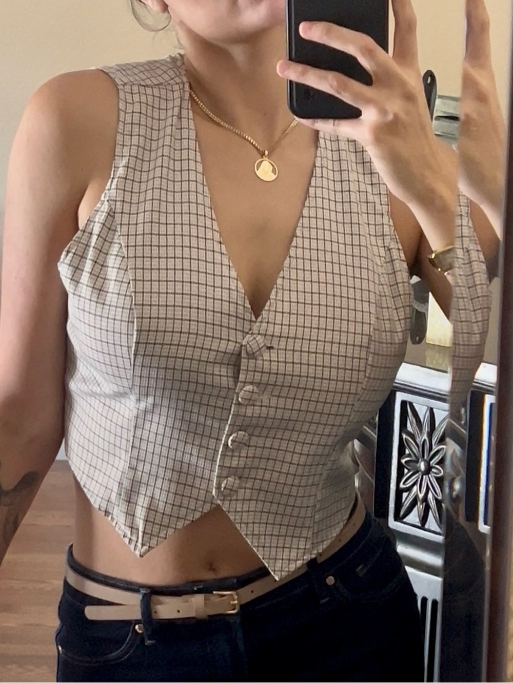 Nasty Gal Cream Houndstooth Button up Vest